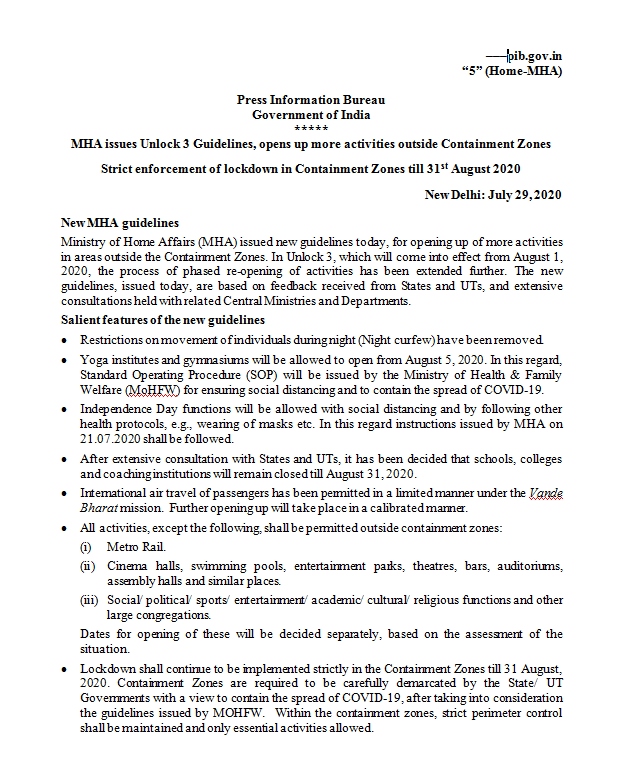 Unlock 3.0: Guidelines By MHA - Part 1