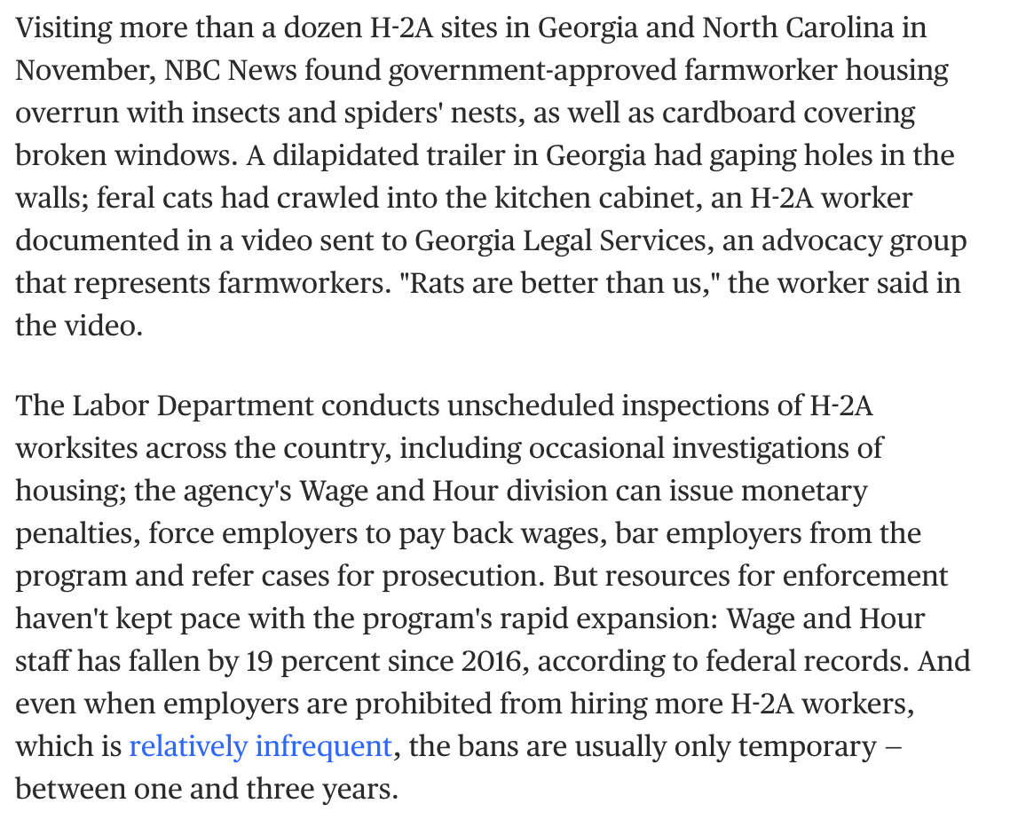 But as the H-2A program for farmworkers has grown, so have labor abuses—wage theft, horrific housing conditions, even human trafficking.The federal gov't is supposed to ensure employers follow the rules. But the Trump admin has continued to cut inspection staff and resources.