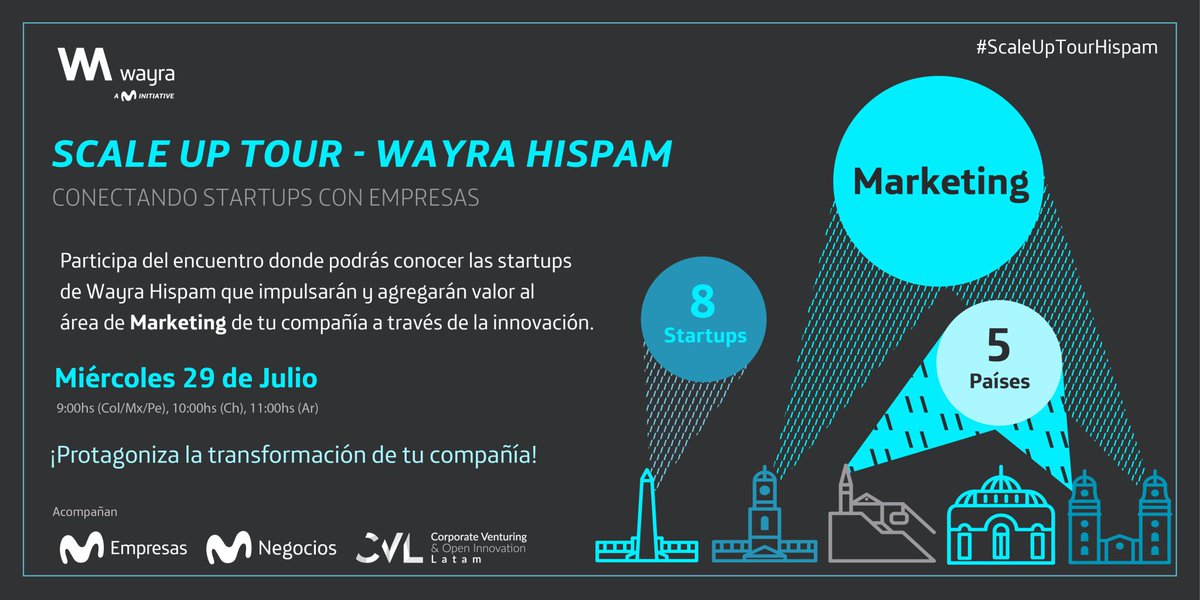 TelefonicaMX's tweet photo. Está por iniciar el  #ScaleUpTour Marketing Edition organizado por @Wayra Hispam, startups de Argentina, Chile, Colombia, México y Perú presentan soluciones digitales que te permitirán acelerar el proceso de transformación de tu negocio https://t.co/ooBMMckNwq https://t.co/yJmzWy6Gh4