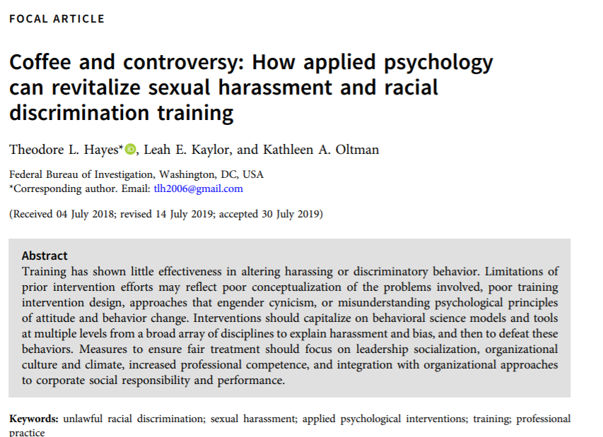 CambUP_Psych's tweet photo. New from the @SIOPtweets journal #iopsych 'Coffee and controversy: How #AppliedPsych can revitalize sexual harassment and racial discrimination training' #IOPsych #MeTooIOPsych https://t.co/wOpEvqz8QX https://t.co/GvSmznpYur