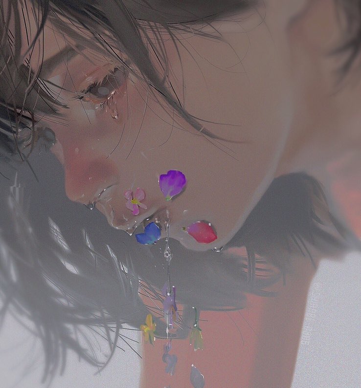 solo 1girl flower black hair portrait crying tears  illustration images