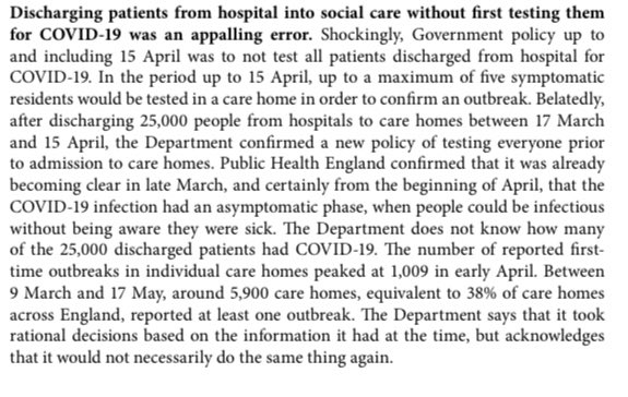 PAC report says that discharging patients from hospital into homes without Covid testing was “an appalling error.” Says we still don’t know how many of the 25000 discharged from hospital into homes had Covid and we never will.