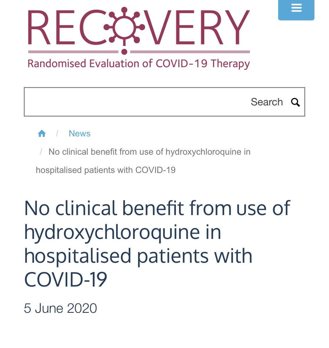 I get that people are willing to play guinea pig and d*e on this hill, but how are you going to put so many others at risk by discouraging what does work?? https://www.recoverytrial.net/news/statement-from-the-chief-investigators-of-the-randomised-evaluation-of-covid-19-therapy-recovery-trial-on-hydroxychloroquine-5-june-2020-no-clinical-benefit-from-use-of-hydroxychloroquine-in-hospitalised-patients-with-covid-19