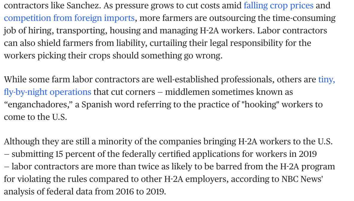 The ag industry says most guest workers are treated fairly; they get free housing, transport & above minimum wage.But the cost & complexity of the program has led more U.S. farmers to outsource hiring workers through contractors—making it easier to turn a blind eye to abuse.