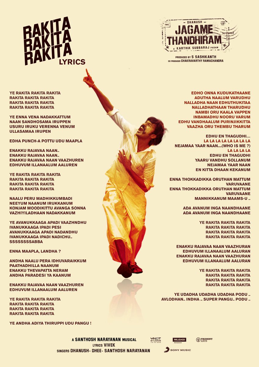 StudiosYNot's tweet photo. Sing Along ! 🎤
#Rakitaரகிடరకిట 
#JagameThandhiram #JagameTantram

@dhanushkraja @karthiksubbaraj @sash041075 @Music_Santhosh @chakdyn @RelianceEnt @Shibasishsarkar
@onlynikil @IamEluruSreenu

https://t.co/iyDuOnbSEa https://t.co/Q41J8KJOsz