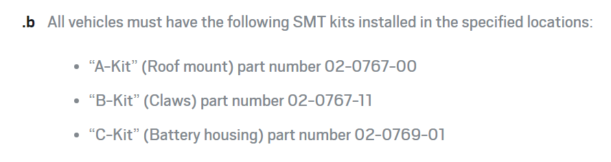 All cars must have 3 "kits" from SMT installed to facilitate their equipment.