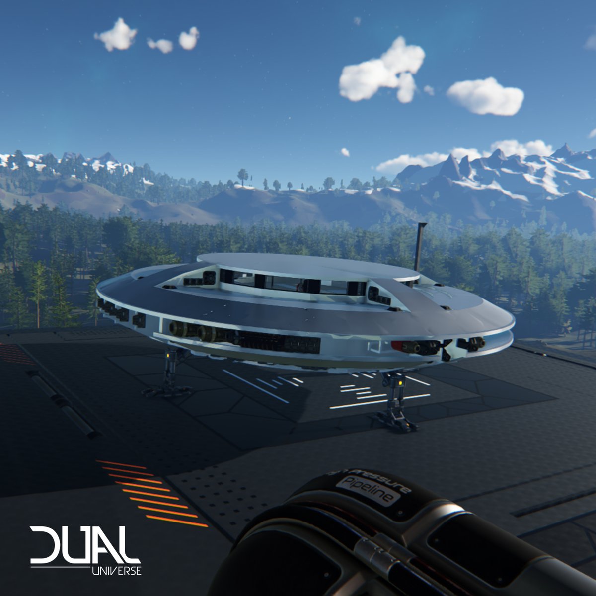 dualuniverse's tweet image. The "UFO 9 JULY" made by archerer8791 is a stunning, thin, and circular ship that looks just like your stereotypical UFO. Send us a picture of your build with coordinates to community@novaquark.com for a chance to get featured!⁠⁠