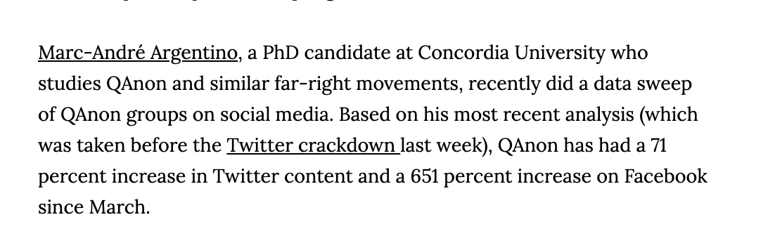 . @_MAArgentino told me since March he’s seen a massive rise in FB groups/activities (651% !) and Twitter activity (pre-crackdown). A good portion of the new groups were international. Other research has shown similar things.  https://www.vice.com/en_us/article/pkym3k/qanon-conspiracy-has-gone-global