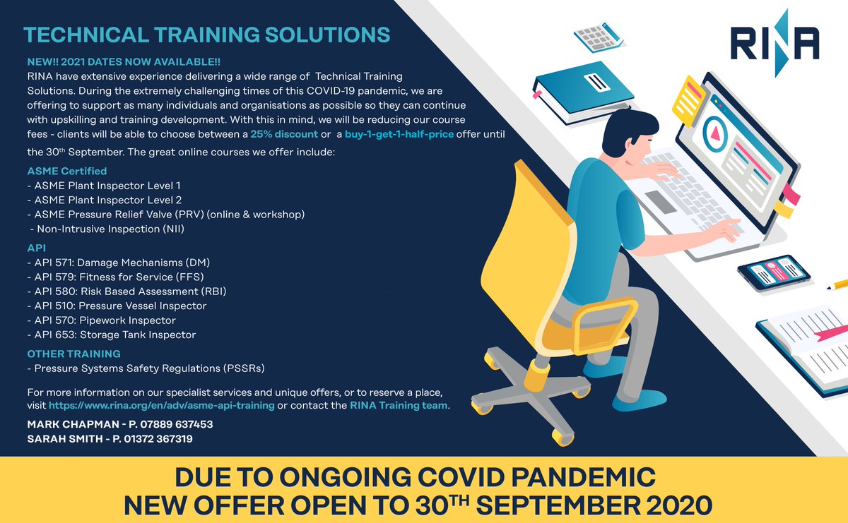 RINA1861's tweet photo. As a leading provider of training solutions and exam preparation courses for the #ASME Plant Inspection and the API exams, we offer a series of #onlinetraining courses π· Our 2021 dates are now live β‘οΈ https://t.co/AsnrFfMbMp
#RINAction https://t.co/zpnN6J8YHs