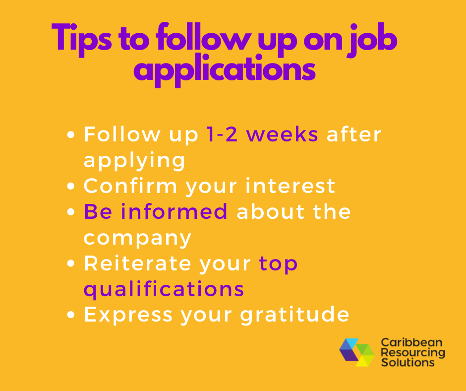 You applied for a job but haven't heard back. What to do next? Follow these tips to secure employment. 

#JobApplication #secureemployment #jobsecurity #jobsearch  #Followup  #talentmanagementconsultants #Trinidadjobs #Caribbeanjobs #CRS #CRSCaribbean #CRSGuyana