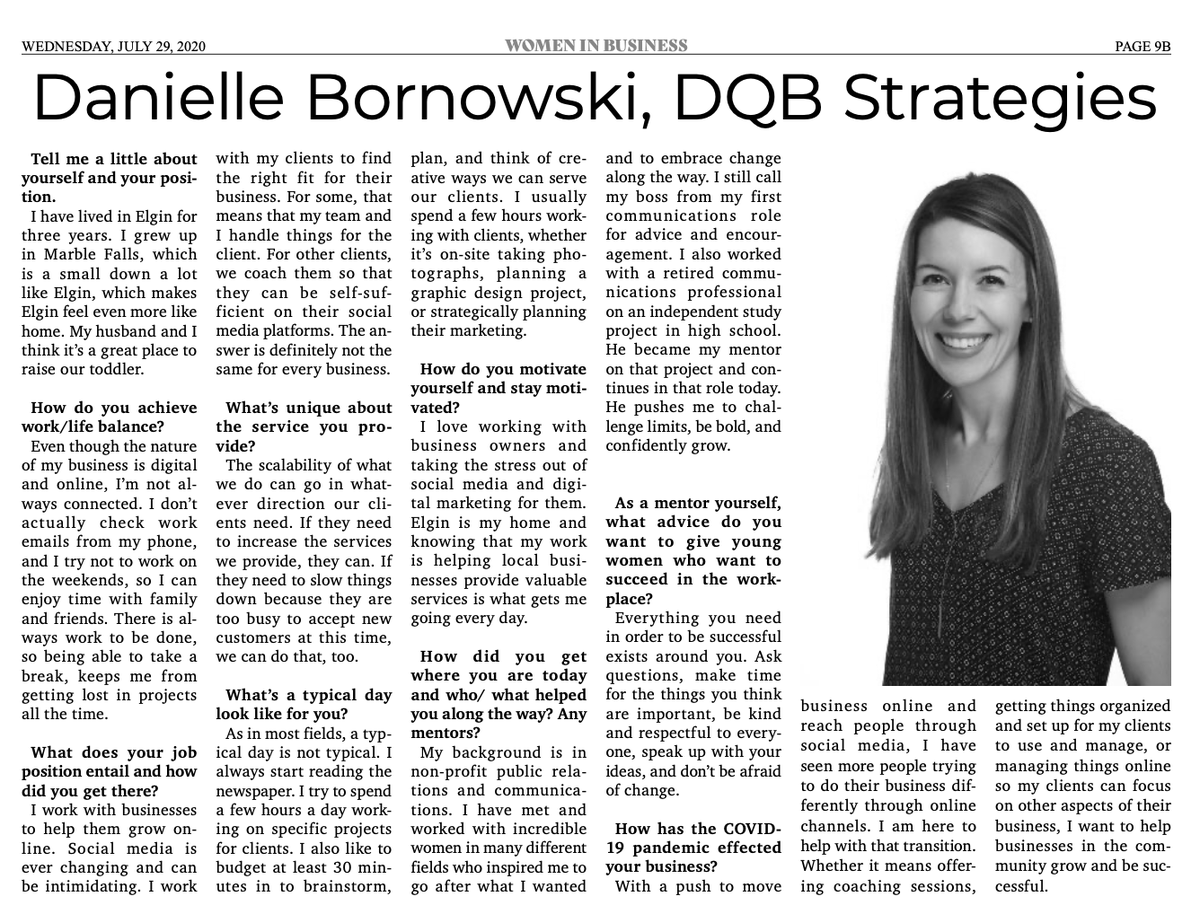 dqbstrategies's tweet photo. 🎉Pick up this week's copy of the Elgin Courier to see us and other fabulous women in business in the area! We got to share a page with our friends at ETX Travel and First National Bank. #womeninbusiness #visitelgintx #smallbusinessowner #femaleentreprenuer https://t.co/3dudjbVUQI