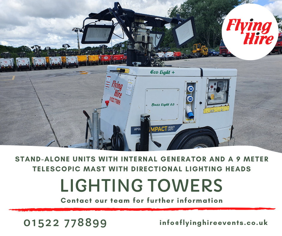 Flying Hire Ltd. can provide you with several lighting options to choose from. Whether you require lighting for a small area or a stadium-sized football pitch, we can light the way.

#flyinghire #lightingtowers #festoonlighting #lighitnghire