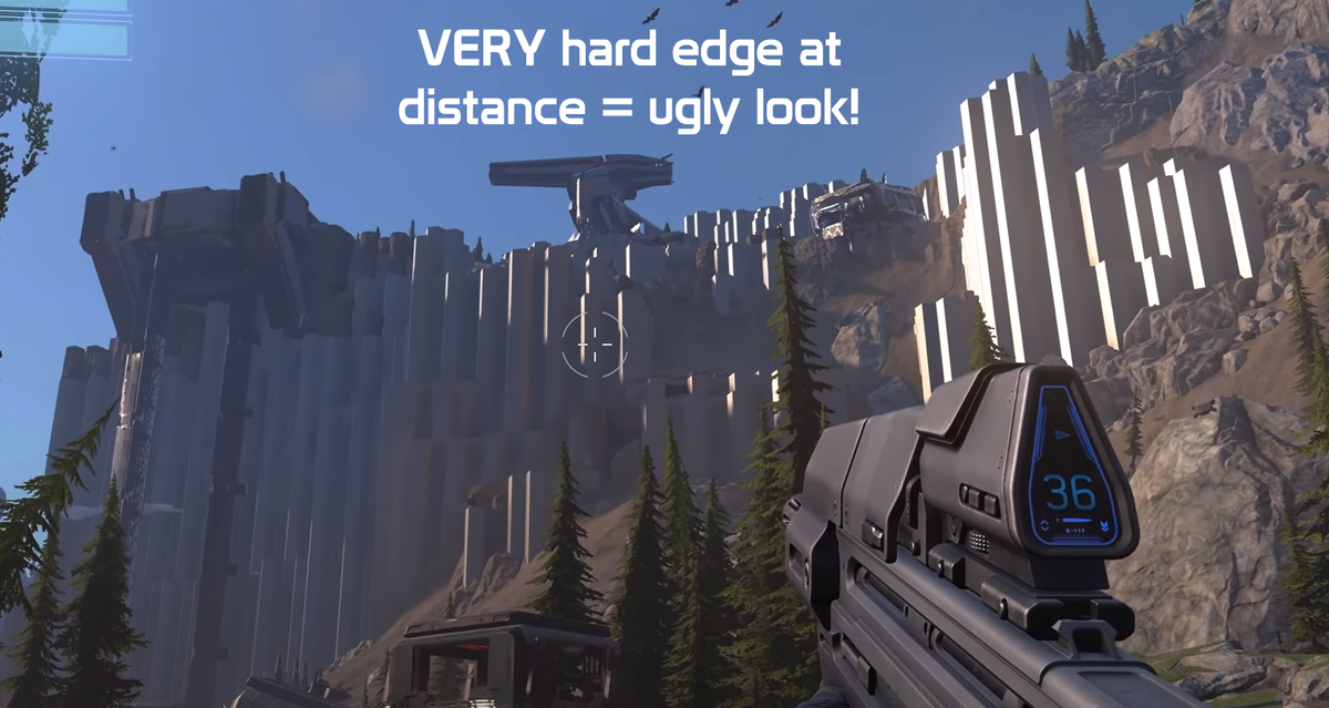 Once you reach a distance, the pillars become very low quality as their texture mips into mush and looks almost like a single colour. So now you have a single colour hard edged shape which just looks... Bad... 9/19