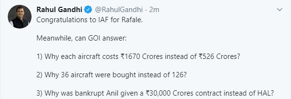 TIMES NOW (@timesnow) on Twitter photo #Breaking | <a href="/RahulGandhi/">Rahul Gandhi</a> congratulates IAF for Rafale, but questions GOI & asks '•Why each aircraft costs Rs 1,670 cr instead of Rs 526 cr?
•Why 36 aircraft were bought instead of 126?
•Why was bankrupt Anil given a Rs 30,000 cr contract instead of HAL?' | #RafalePowersIndia #Breaking | <a href="/RahulGandhi/">Rahul Gandhi</a> congratulates IAF for Rafale, but questions GOI & asks '•Why each aircraft costs Rs 1,670 cr instead of Rs 526 cr?
•Why 36 aircraft were bought instead of 126?
•Why was bankrupt Anil given a Rs 30,000 cr contract instead of HAL?' | #RafalePowersIndia