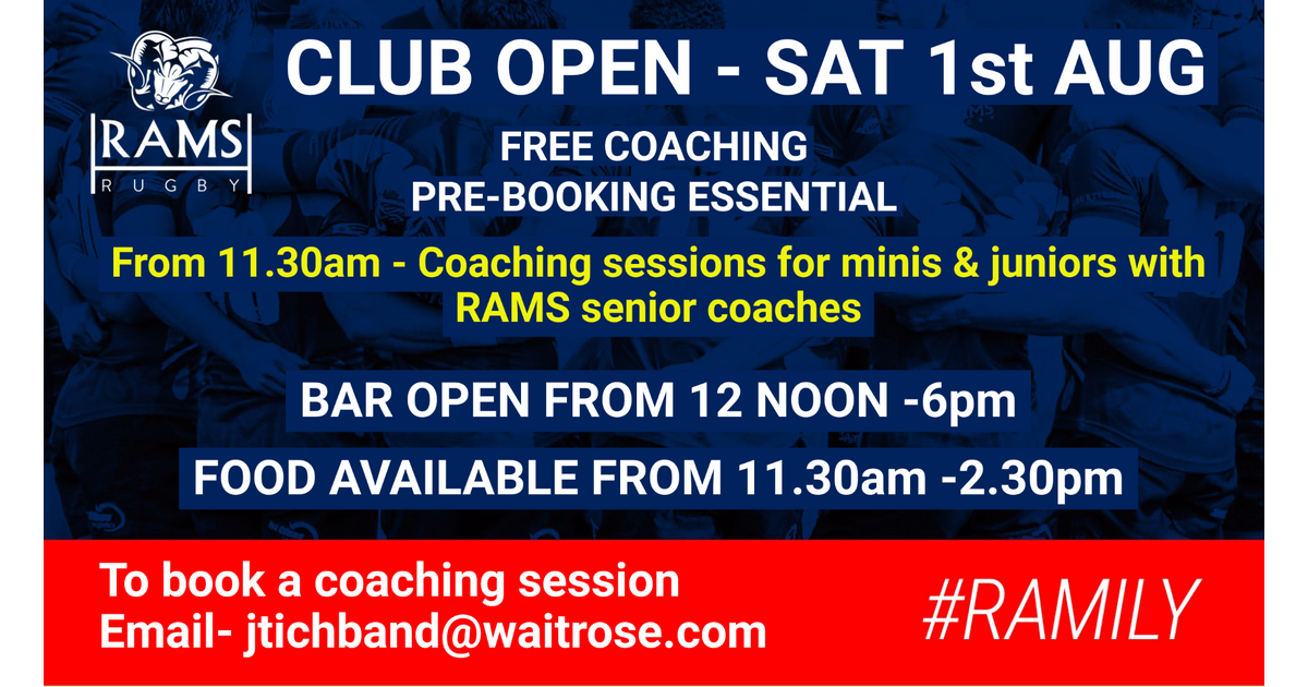 FREE COACHING AT RAMS THIS SAT 1st AUGUST
Following the success of the last coaching session for Minis &amp; Juniors we are holding another opportunity to learn with Seb Reynolds &amp; other senior coaches plus 1st XV players!  Please book:  jtichband@waitrose.com
ramsrugby.com/news/free-coac…