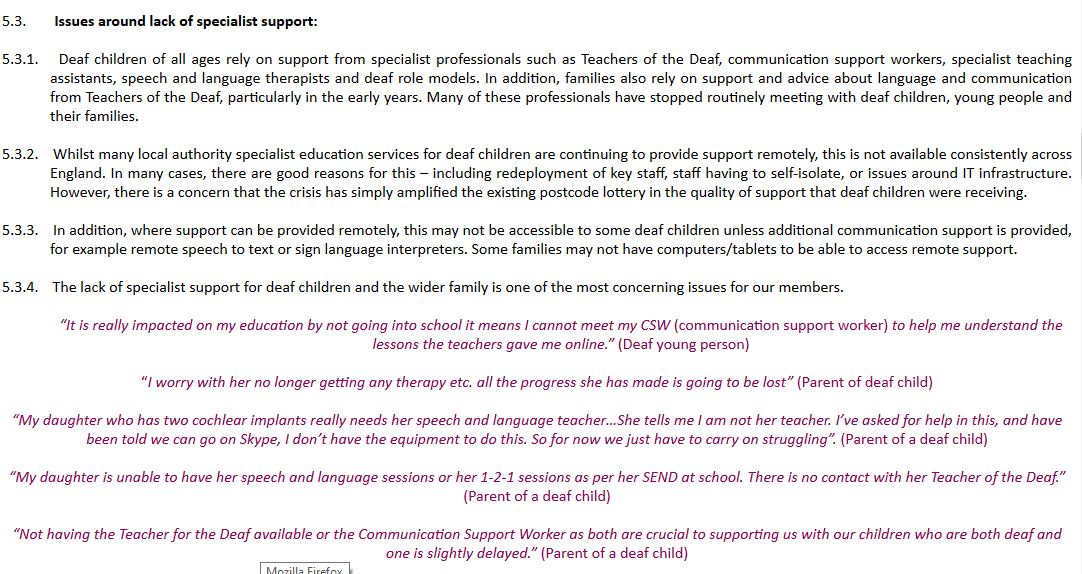 CIE0101 -  @NDCS_UK , reporting shortages of specialist support for deaf children & their families, & difficulties accessing online learning, with some better ways of working reported by some LA teachers of the deaf