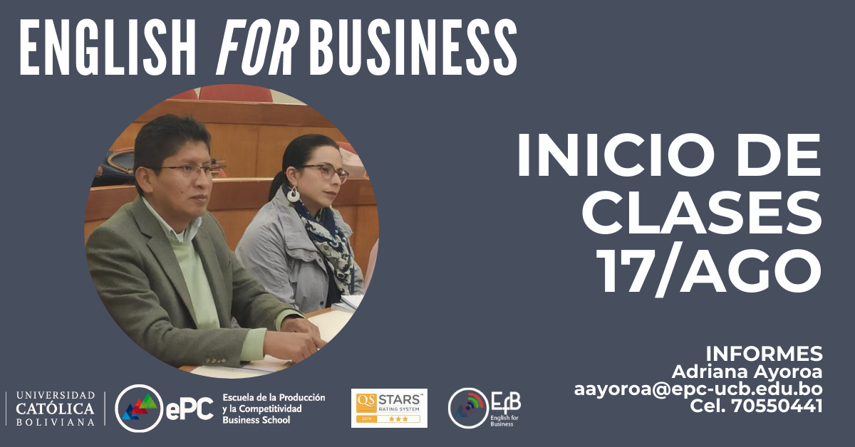 ePC_UCB's tweet photo. El inglés es una de las competencias más valoradas en el mercado laboral.
Te invitamos a ser parte del único programa de inglés técnico para negocios #EnglishforBusiness desde el 17 de agosto.
Más información:
Adriana Ayoroa
Cel: 70550441
aayoroa@epc-ucb.edu.bo
#ePCBilingue https://t.co/nTfhBcI57Q