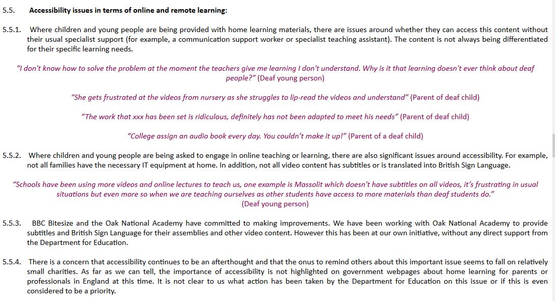 CIE0101 -  @NDCS_UK , reporting shortages of specialist support for deaf children & their families, & difficulties accessing online learning, with some better ways of working reported by some LA teachers of the deaf