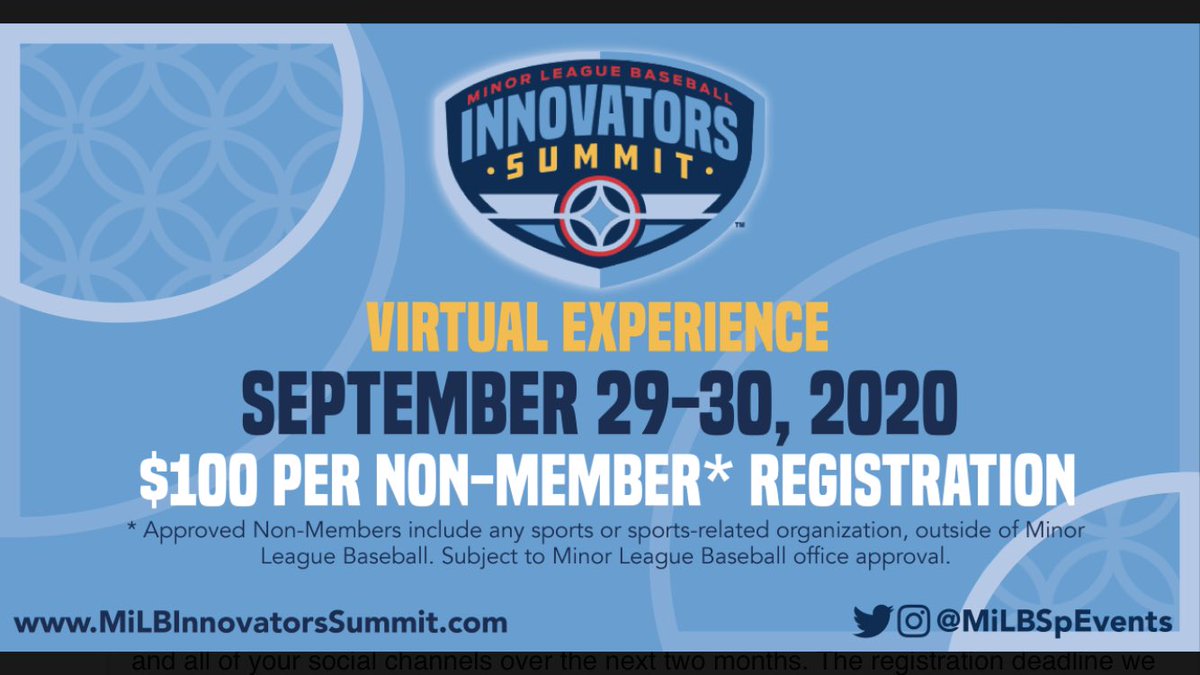 MarkLabban's tweet photo. Registration for the 2020 @MiLB Innovators Summit is now open! This year’s event will be held virtually, so access it from anywhere! #MiLBIS https://t.co/V9ekzPCDkU https://t.co/k9fQVcVkT5