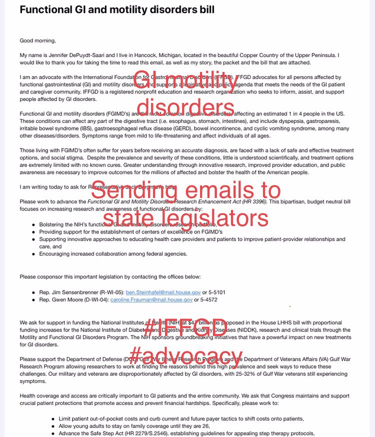 Advocating for GI and Motility Disorders bill HR3396. #Gastroparesis #cureGP @IFFGD @melissarvh @smasyndromeorg @RepJackBergman @SenStabenow @SenGaryPeters
