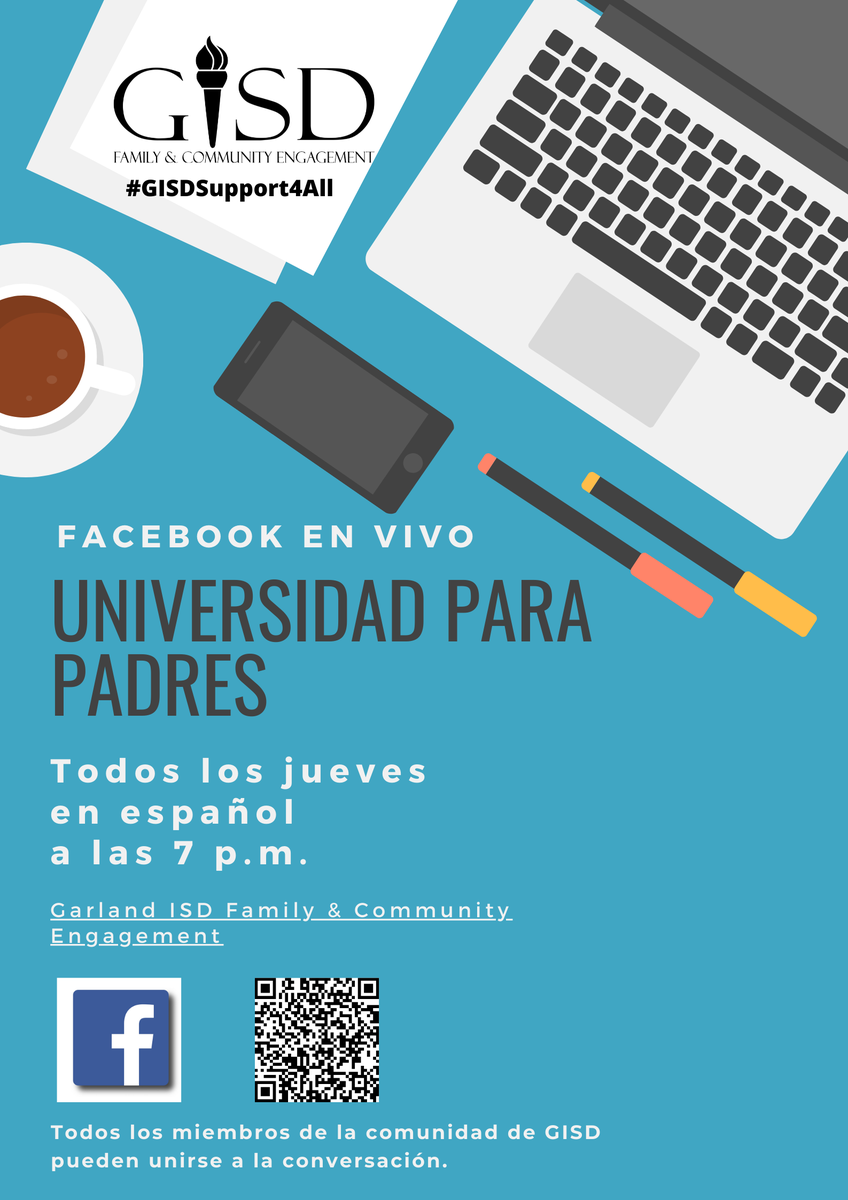 gisdnews's tweet photo. All Spanish-speaking families are invited to join @gisdengagement to learn about enrollment and the back-to-school transition during Universidad para Padres at 7 p.m. tomorrow, July 30, on Facebook Live. Details: https://t.co/XI5yHTIKJO https://t.co/YVLP62Yj6I