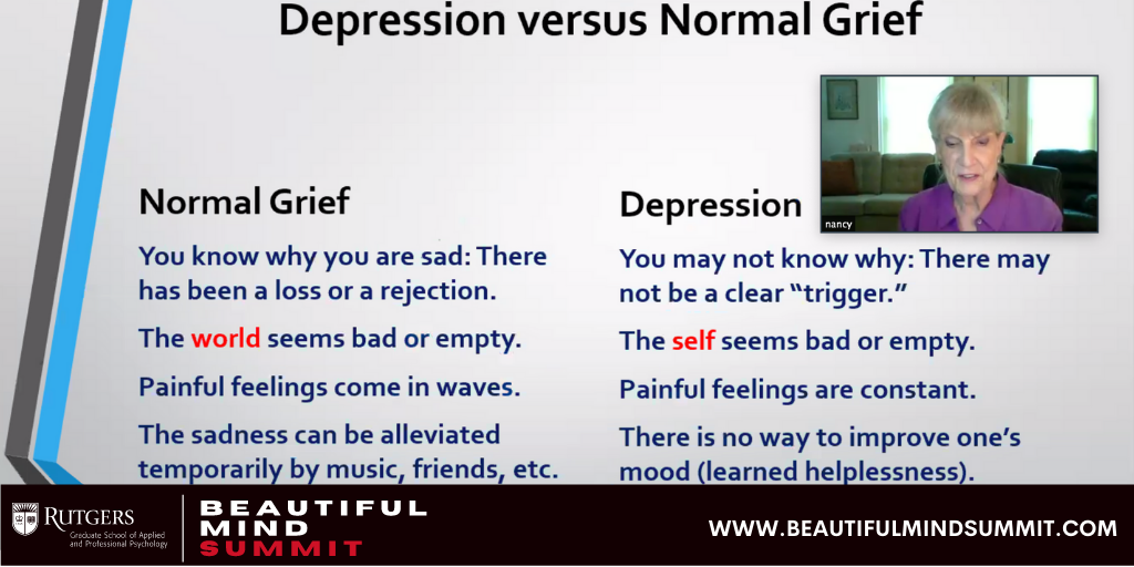 RutgersGSAPP's tweet photo. GSAPP Professor, Dr. Nancy McWilliams presenting at #beautifulmindsummit, and talking about the critical differences & important ramifications of two painful states of mind: normal #sadness & clinical #depression. https://t.co/90BBsnATsa