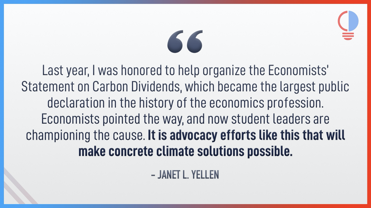 S4CD_Official's tweet photo. Check it out! Fmr. Federal Reserve Chair Janet Yellen lends her words of support to this historic student statement.
#CarbonDividends #ClimateSolutions #SBPstatement https://t.co/kHFlPAxxwT