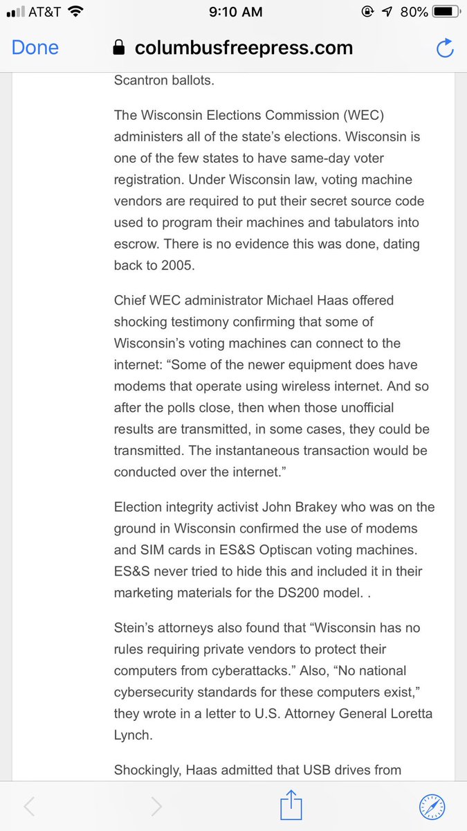 29/ Moreover, Wisconsin election official administrator Michael Haas has acknowledged that some of its voting equipment in 2016 was indeed connected to the internet.  https://columbusfreepress.com/article/real-story-recount