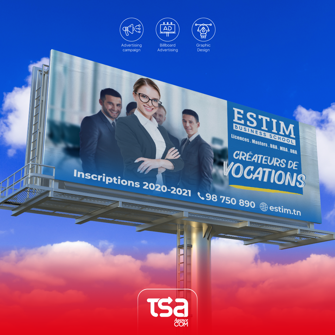 TSAagencecom's tweet photo. « Créateurs de vocations » est le slogan de la #campagne #Outdoor que nous avons menée pour le compte de notre partenaire « #Estim_Business_School ».
Nous partageons avec ce partenaire une #vision qui aspire à bâtir un monde meilleur pour les #étudiants.
#TsaAgenceCom #Marketing https://t.co/dn761K2I7z