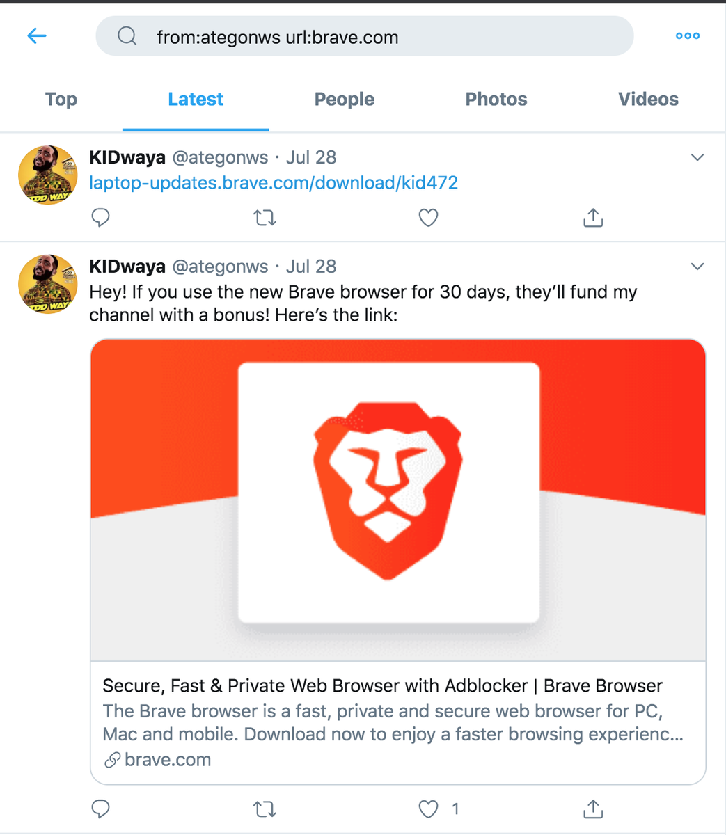 If you've got $270 that you've been looking for a unique way to utterly waste, you could always pick up  @ategonws (permanent ID 166225105), which comes complete with lots of fake followers and tweets promoting the Brave web browser.