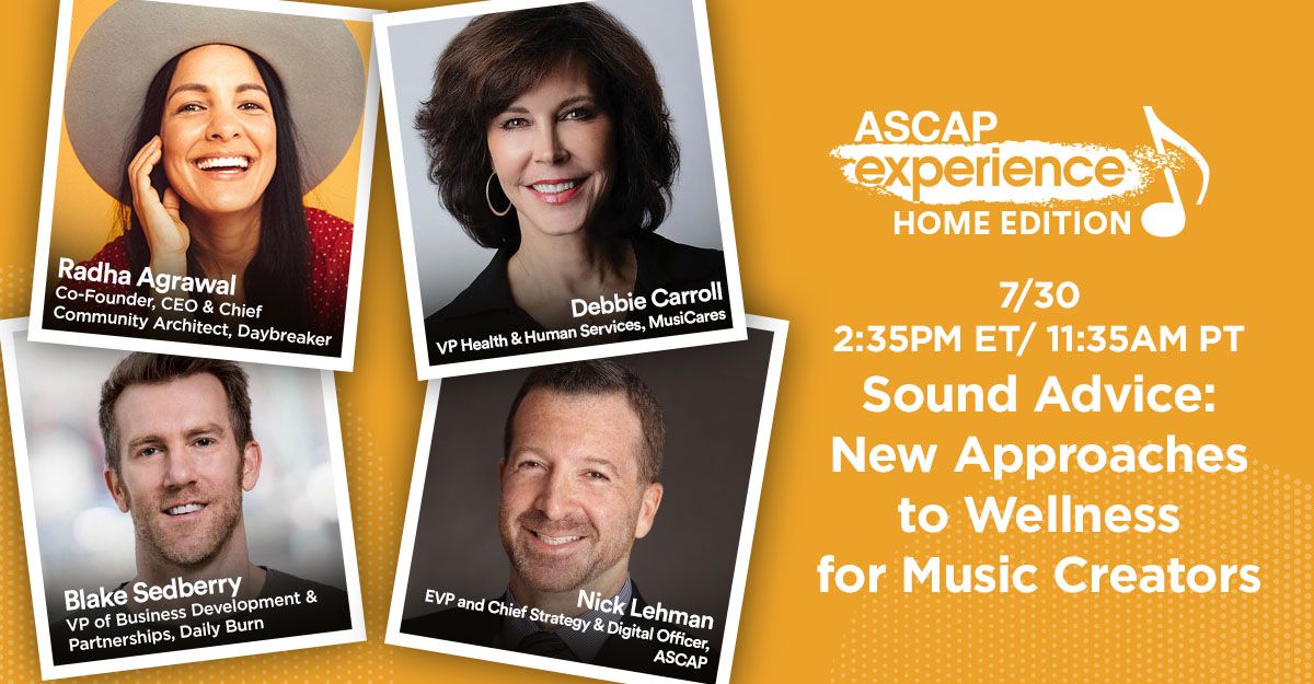 Please join me online tomorrow @ascapexperience as I host a discussion on #innovation in the #wellness space for #music creators and welcome expert colleagues from @dybrkr @dailyburn and @MusiCares to our #ASCAP #virtual stage. Register for free here: bit.ly/2VQ9ly0