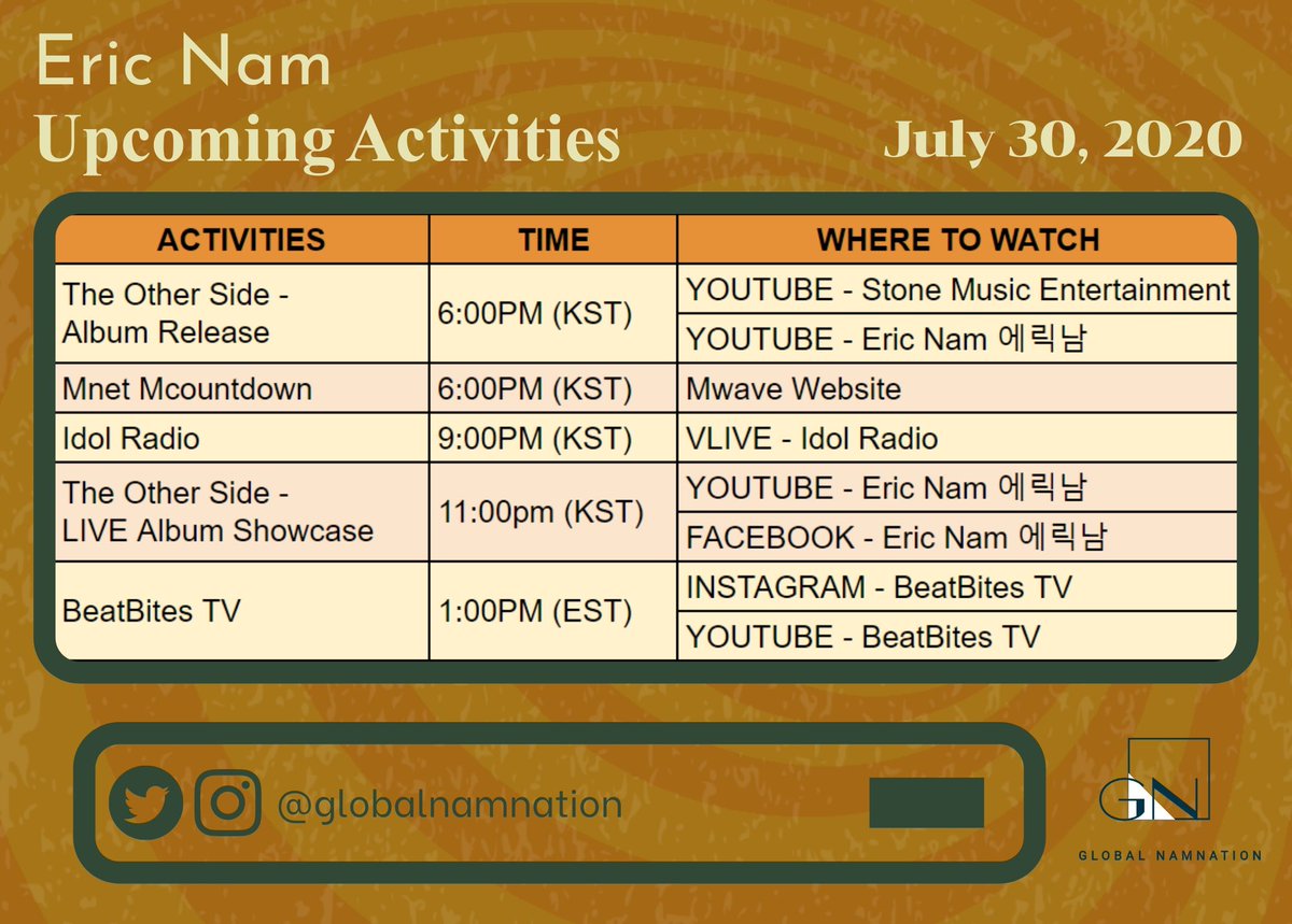 globalnamnation's tweet image. 📅 #EricNamSchedule
Eric Nam's Activities on JULY 30, 2020
Mark your calendars! ❤️

#EricNam #TheOtherSide #ParadiseWithEricNam @ericnamofficial