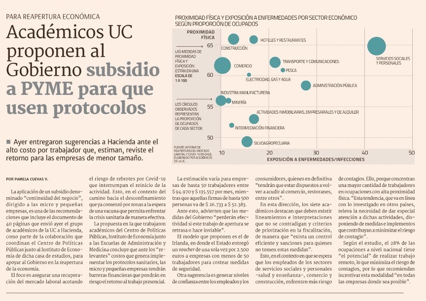 facea_uc's tweet photo. [PRENSA] Un subsidio de "continuidad del negocio" para Pymes debido a los costos de implementar protocolos sanitarios es parte de la propuesta que hicieron al Gobierno académicos del @IE_UC y de la @EscuelaAdmUC junto al @cppublicasuc y a expertos de la @FacMedicinaUC ⬇️ https://t.co/brK2wkQ7pN