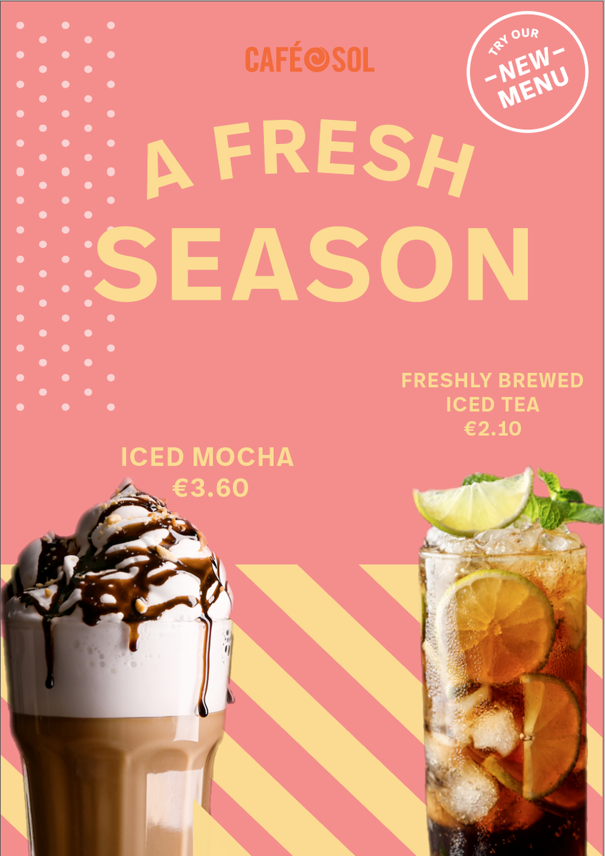 CafeSolIrl's tweet photo. A fresh season here at Cafe Sol!
Try our new iced drinks range, in store now 😎 https://t.co/jhfb3FkmaE