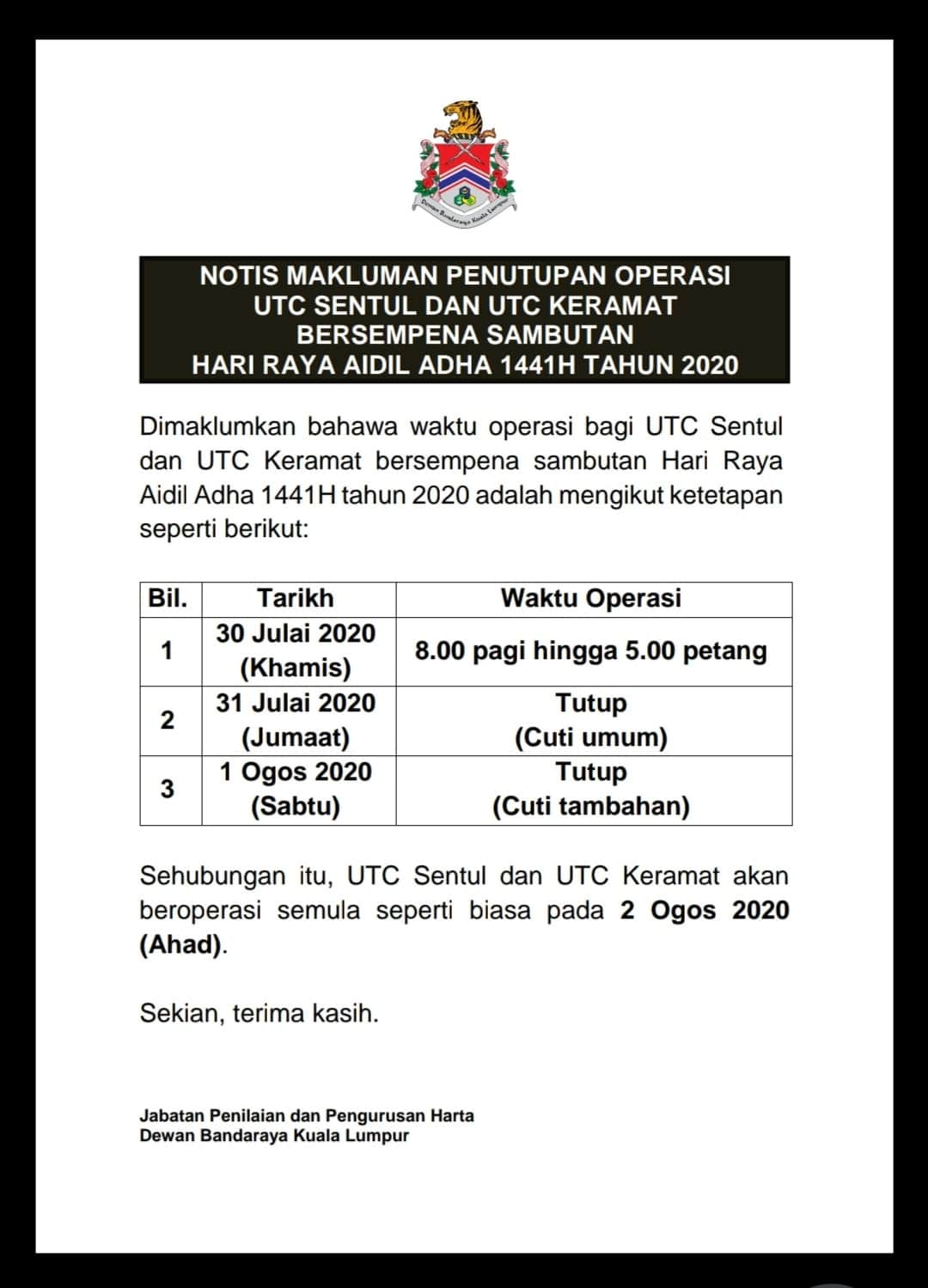 ssm utc pudu waktu operasi