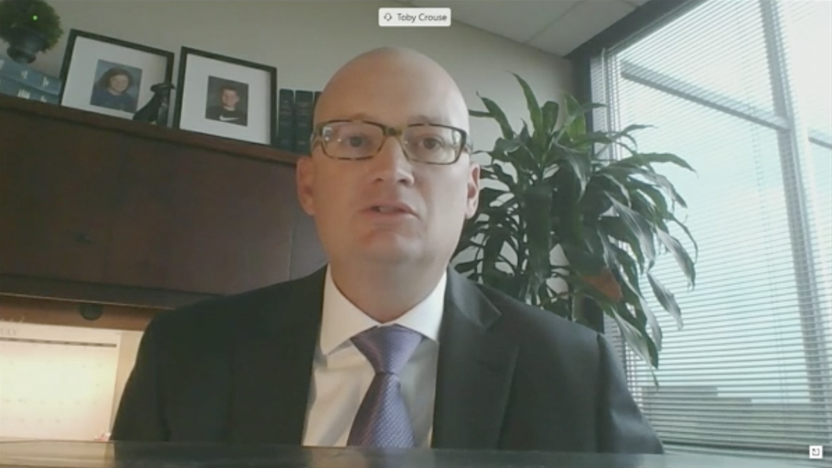 Screenshot of judicial nominee Toby Crouse speaking at the Judiciary Committee hearing.