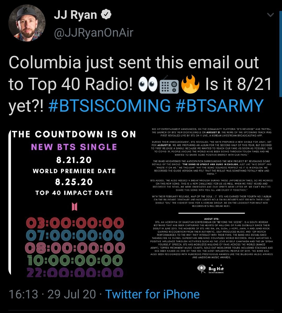 Columbia Records has sent this email out to all Top 40 Radio, to promote the new single, put on August 21st 

<a href="/BTS_twt/">방탄소년단</a> #MTVHottest BTS