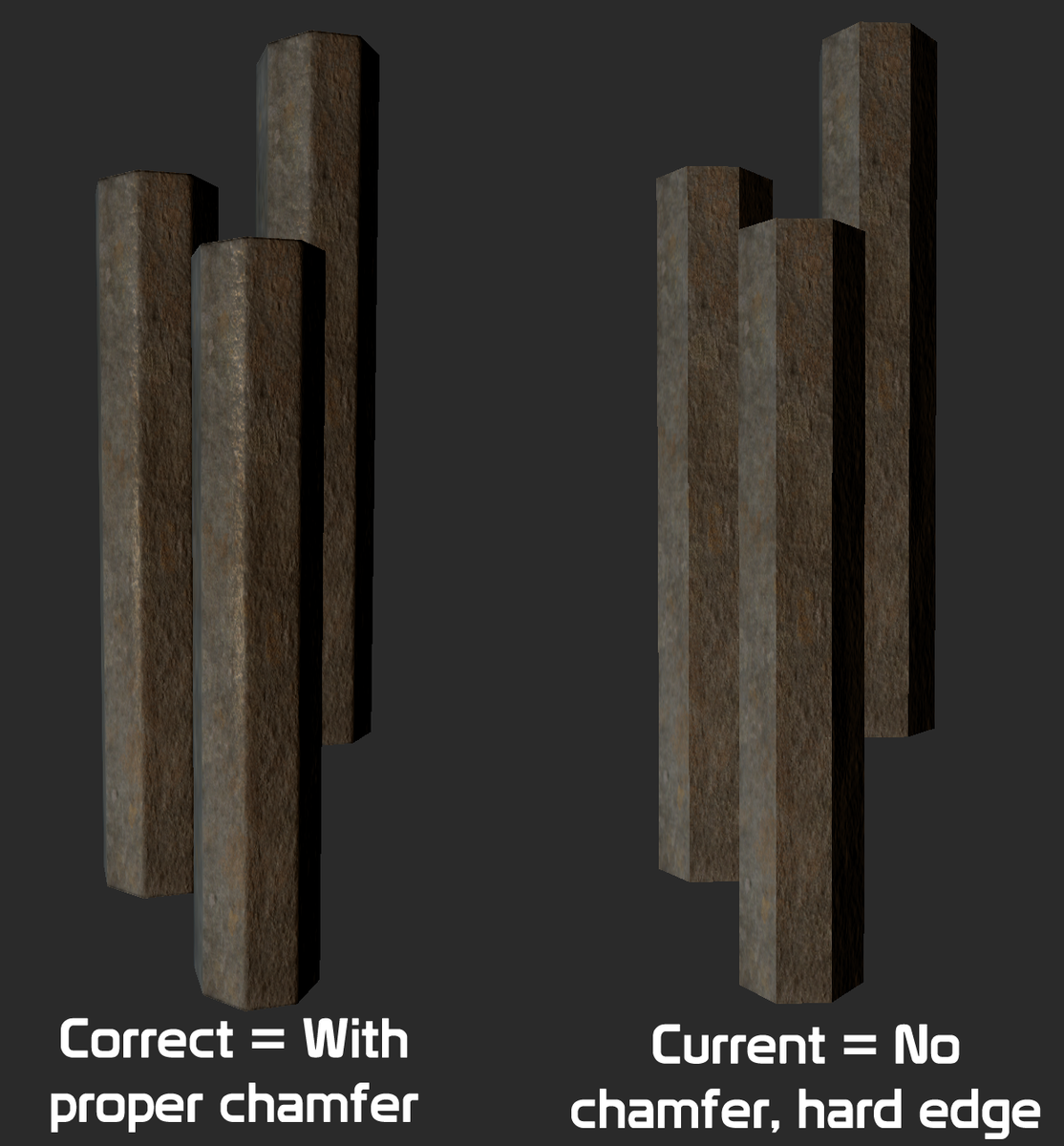 And so, lets have a quick look at how this looks in action, one compared to the other. The left has correct chamfer and normals, the right is how its current set up in the game: 16/19