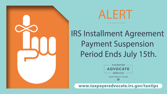 YourVoiceAtIRS's tweet photo. ALERT: Avoid defaulting on your IRS installment agreement. If you had your bank or employer stop your IRS installment agreement payments, you must tell them to resume payments at least two weeks before their next payment is due. https://t.co/1q5bzH56IE https://t.co/Jf6k1eDtjg