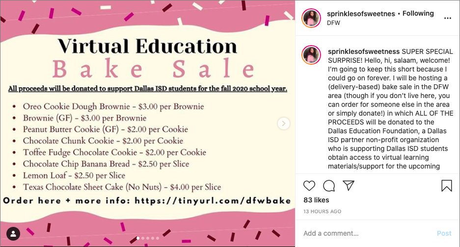 DallasEdFound's tweet image. @UTAustin senior, instagram.com/sprinklesofswe… chose @FutureofDallas to receive ALL PROCEEDS of her #virtualbakesale because we "promote educational equity and opportunity for students in @dallasschools". #ThankYou, #SprinklesofSweetness! Put in your order at tinyurl.com/dfwbake