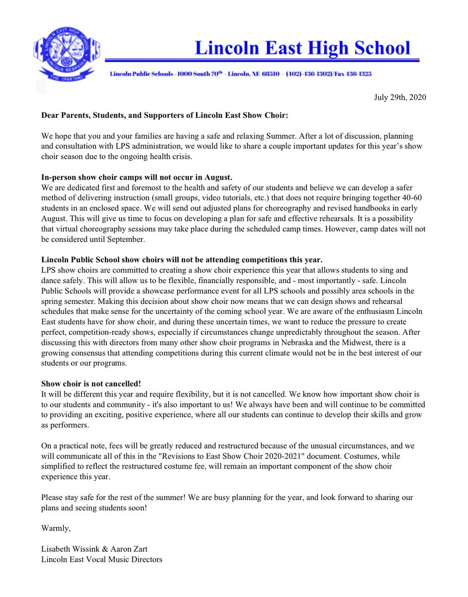 Show choir families, this message was sent out this morning with an attached document that outlines more details. Show choir is NOT canceled! It just looks different this year. 😊 #LeadWithLove