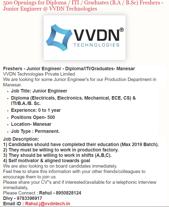 Mahi63098618's tweet photo. 500 Openings for Diploma / ITI / Graduates (B.A / https://t.co/pjXHz9atau) Freshers - Junior Engineer @ VVDN Technologies
https://t.co/UCZXhtRPiN
#MahiJobTweets https://t.co/TVSRyKKwQQ