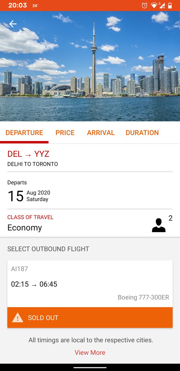 notchuri's tweet photo. @airindiain
It is just 20:08 hours and all the flights from Delhi to Toronto are sold out.
Is this some kind of joke? https://t.co/nra28d9rFH
