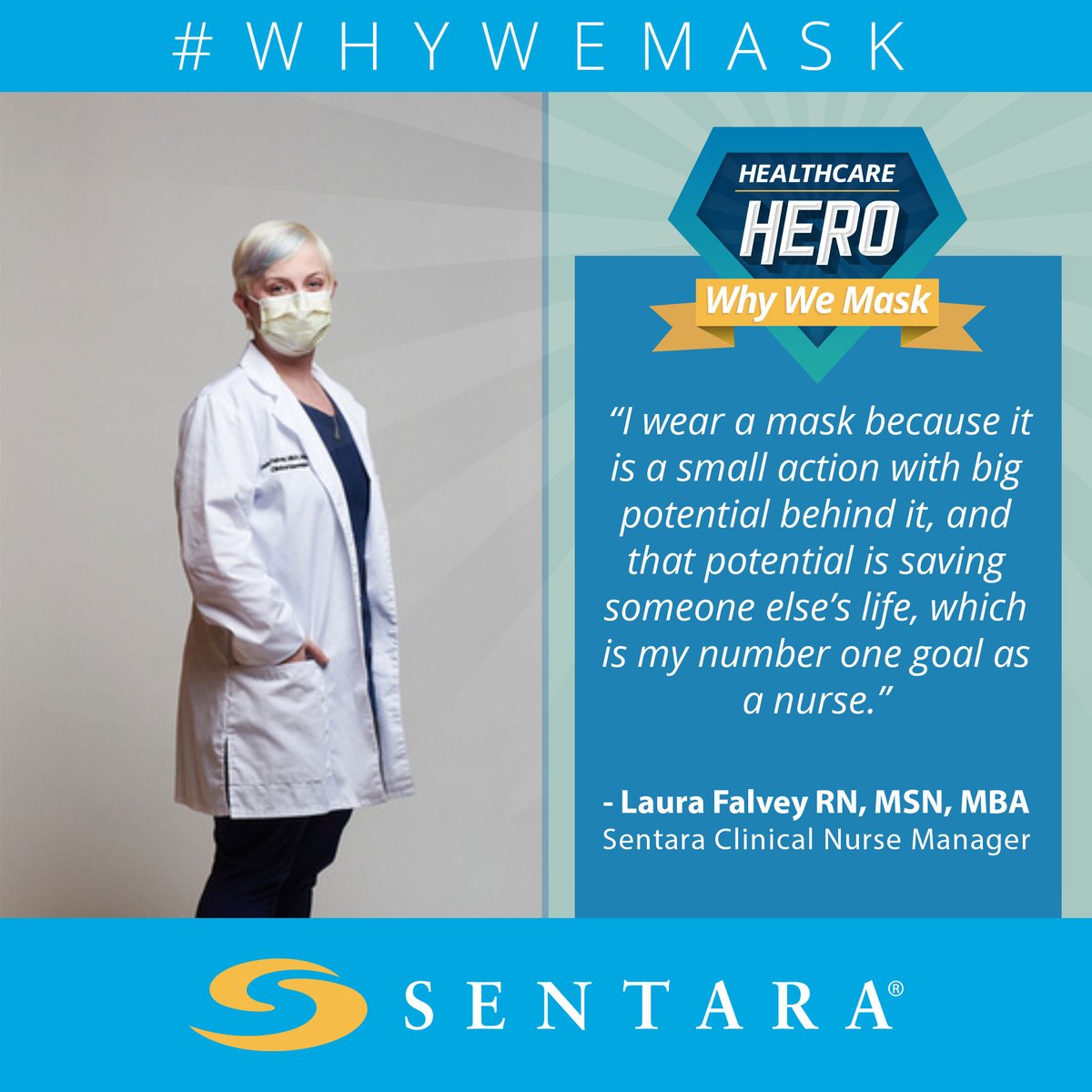 sentarahealth's tweet photo. At Sentara, we are masked because we care! We’d like to highlight some of our healthcare heroes on why it’s important for them to wear a mask. Together, we can keep our community healthy and strong and reduce the spread of #COVID19. #heroeswearmasks #whywemask #SentaraHeroes https://t.co/L8IeAvfwcq