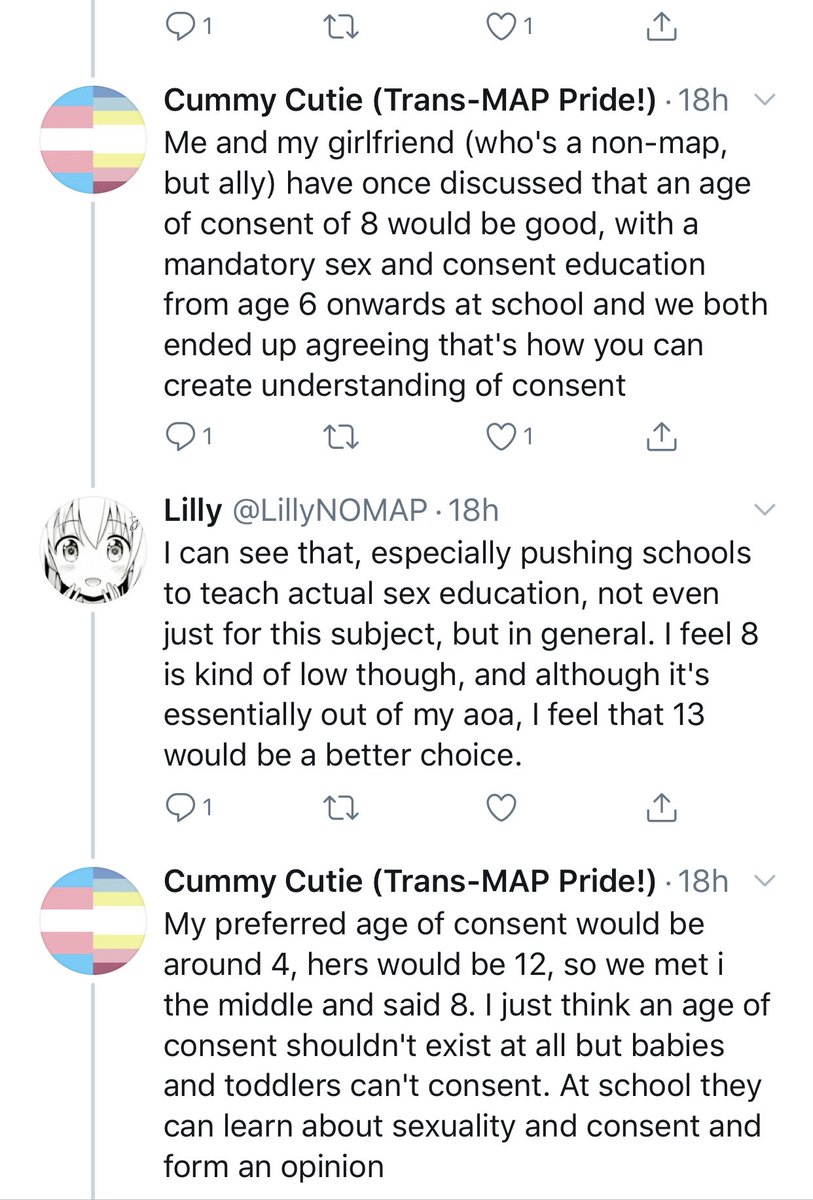 Just 2 paedophiles casually chatting on @Twitter about whats the best age to f**k a child. One is a trans IDd man who quite fancies 4 year olds-but draws the line at babies & toddlers. Check out the language they use on how best to “groom kids at school”. #safefuarding #children