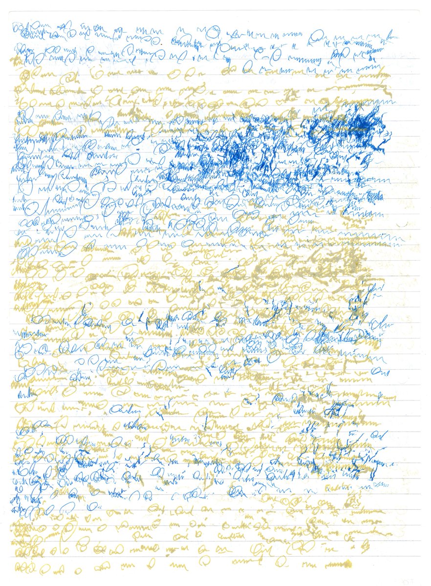 1 𝒄𝒓𝒆́𝒂𝒕𝒆𝒖𝒓, 1 𝒐𝒆𝒖𝒗𝒓𝒆, 1 𝒂𝒄𝒕𝒖𝒂𝒍𝒊𝒕𝒆́
Viviane Van Melkebeeke (1959-)
Ne sachant ni lire, ni écrire, cette créatrice noircit inlassablement des feuilles au stylo à bille. Elle utilise tous les supports, des encres aux couleurs variées et des formes répétitives