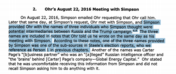 ACCUSATION 1: On Aug 22 Glenn Simpson alleged to Bruce Ohr that  @SergeiMillian was both a SVR “intermediary” and also a key sub-source of Steele Dossier. Horowitz p274
