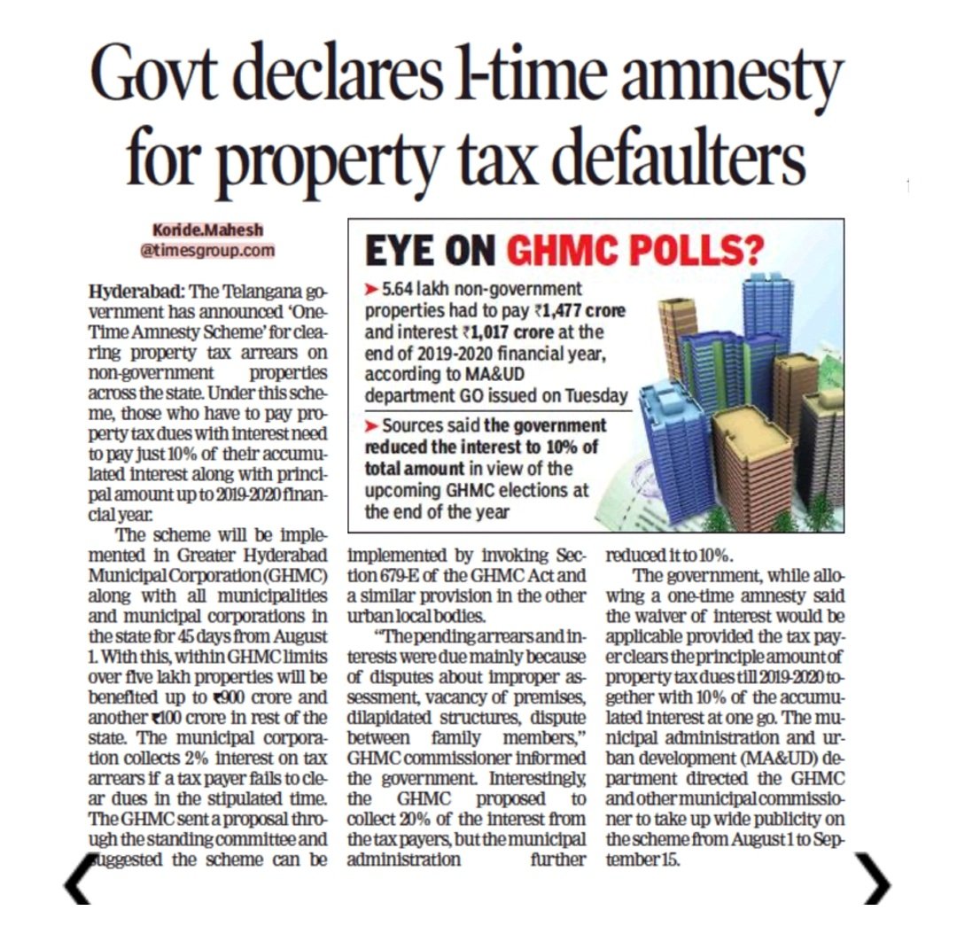 One Time Settlement (#OTS) Scheme announced by #TSGovt for citizens to clear #PropertyTax dues. Pay only Principal + 10% of accumulated Interest. Waiver of 90% of accumulated Interest Effective: 1st Aug to 15th Sep,2020 @arvindkumar_ias