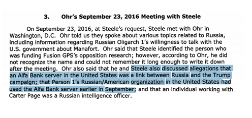 ACCUSATION 2: On Sept 23 Christopher Steele alleged to Bruce Ohr that Sergei Millian was connected to the burgeoning Alfa Bank scandal, which was an alleged SVR communications channel. Horowitz p274