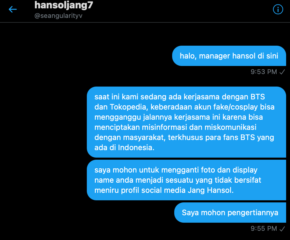 jehianps's tweet photo. Dear  @seangularityv , tolong di momen seperti ini jangan bermain cosplay dahulu ya. Mas Hansol masih dalam jangka waktu kerjasama dengan BTS dan Tokopedia.

Saya mohon kerjasamanya. https://t.co/24ZhbGWkTL